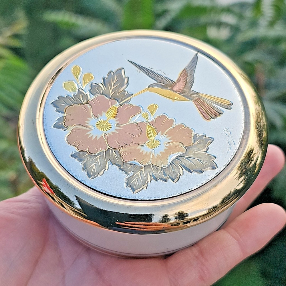 Japanese Chokin Art Loose Powder Vanity Dish Or Trinket Box Hummingbird Flowers